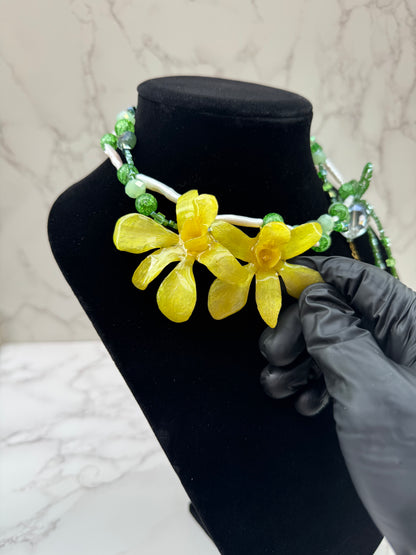 Golden Twin Orchid Grace Two Mini Orchid Orchid Necklace – Green Crystals, Long Pearls, Crystal Heart & Dragonfly on Green Mother-of-Pearl Extension