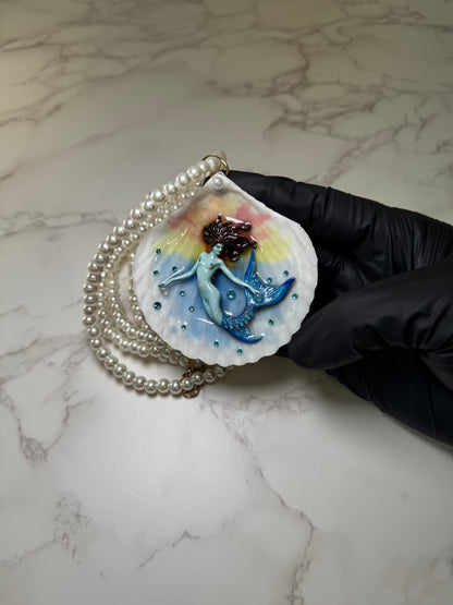 February Shimmering Tail Mermaid Sea Shell Necklace – Mermaid in Shell with UV Resin