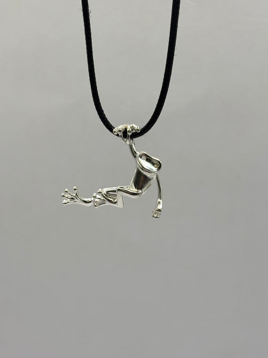 Happy Tree Frog Necklace Crafted in 925 Sterling Silver, 3D Pendant Jewelry Gift for Women, Handmade in USA, with Black Waxed Cord