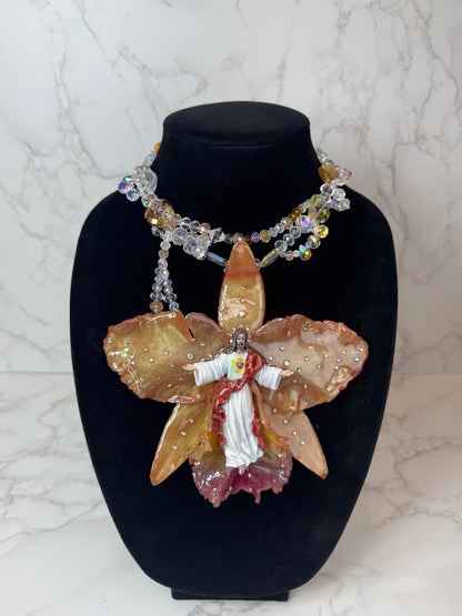 Handmade Jesus Figure Resin UV|Orange Real Cattleya Orchid Necklace