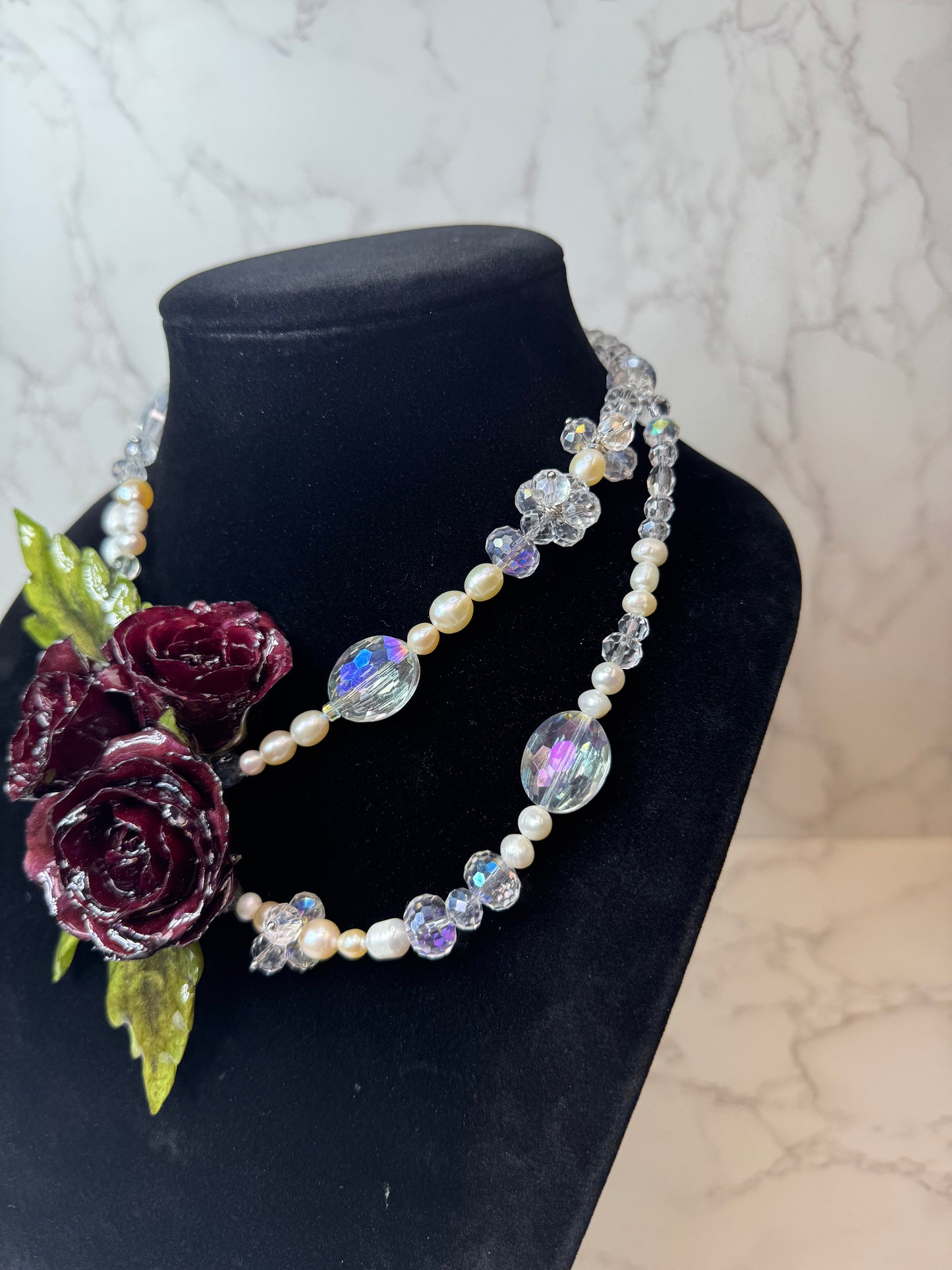 3 Aurora Eternal Rose – Real Red Rose in UV Resin & Freshwater Pearl Necklace | Handmade Floral Jewelry | Made in USA