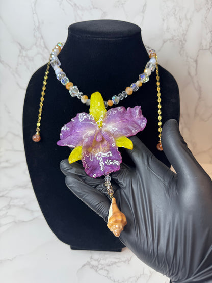 Purple & Yellow Real Cattleya Orchid Necklace | Handmade Flower Jewelry | Botanical Statement Pendant