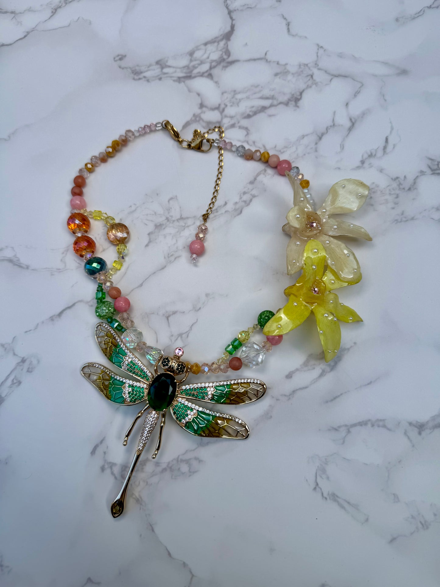 Golden Dragonfly Yellow Orchid with Dragonfly – Green & Clear Crystal Necklace | Handmade Floral Jewelry