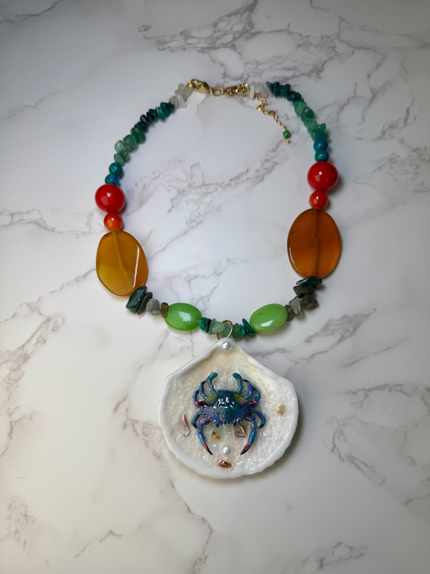 Turquoise Crab with Pink Accents Shell Necklace - Encapsulated in Real Shell with UV Resin