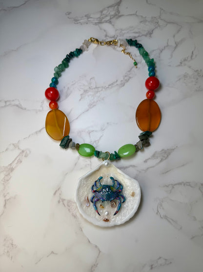 Turquoise Crab with Pink Accents Shell Necklace - Encapsulated in Real Shell with UV Resin
