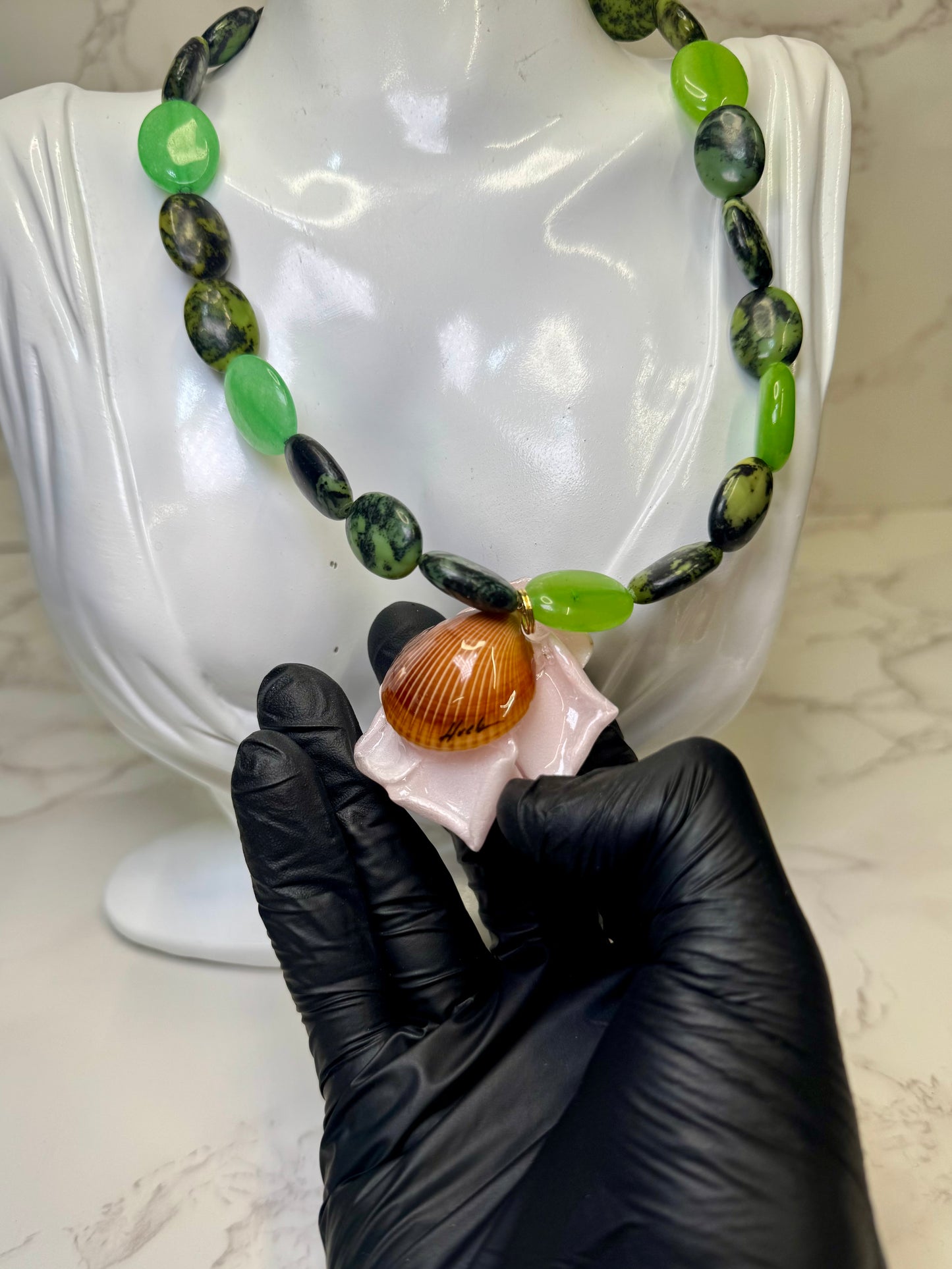 Aly Handmade Green Natural Stone Necklace with Pink Flower | Floral Pendant Jewelry | Made in USA