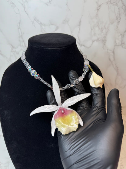 Dahlia Handmade Real Orchid Necklace | Crystal Bead Jewelry | Resin Flower Pendant | Made in USA