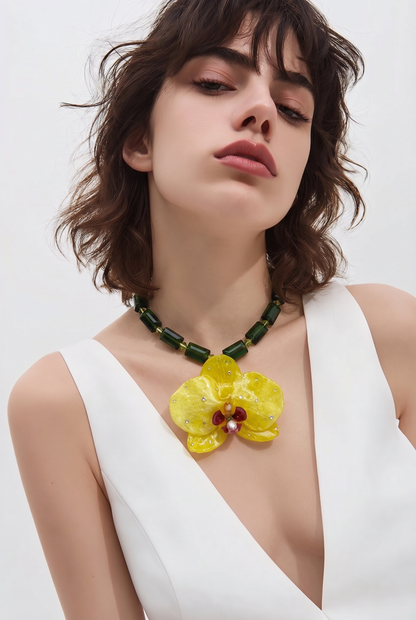 Vida Handmade Real Yellow Orchid Necklace | Green Natural Crystal Bead Jewelry | Resin Flower Pendant | Made in USA
