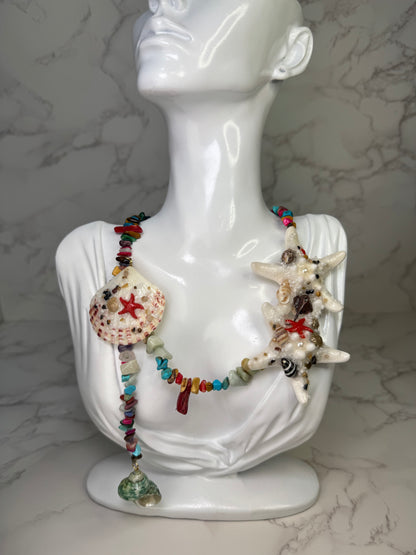 White Starfish, Seashell & Rock Crystal Necklace