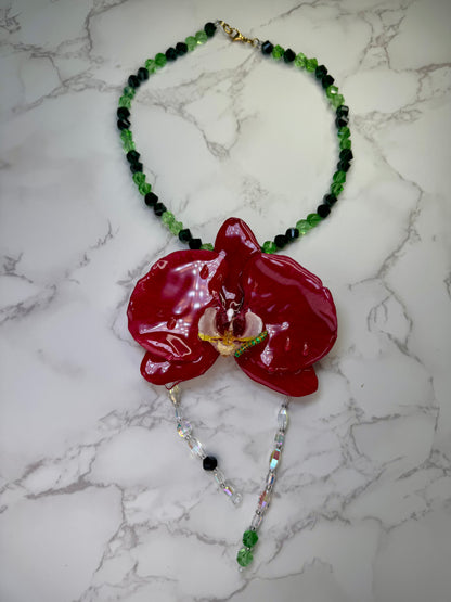 Crimson Garden Whisper Natural Flower Preserved in Resin Red real orchid flower with a miniature Green Caterpillar, Beautiful Crystals beaded Necklace