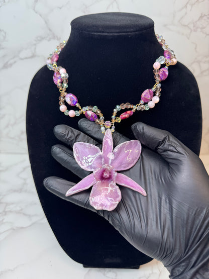 Talia Purple Real Cattleya Orchid Necklace | Handmade Flower Jewelry | Botanical Statement Pendant
