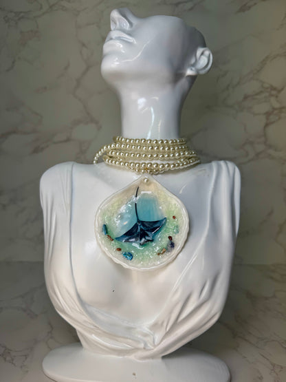 Pearl Handmade Manta Ray Necklace Encapsulated in Real Shell with UV Resin on Pearl Strand