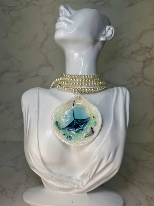 Pearl Handmade Manta Ray Necklace Encapsulated in Real Shell with UV Resin on Pearl Strand