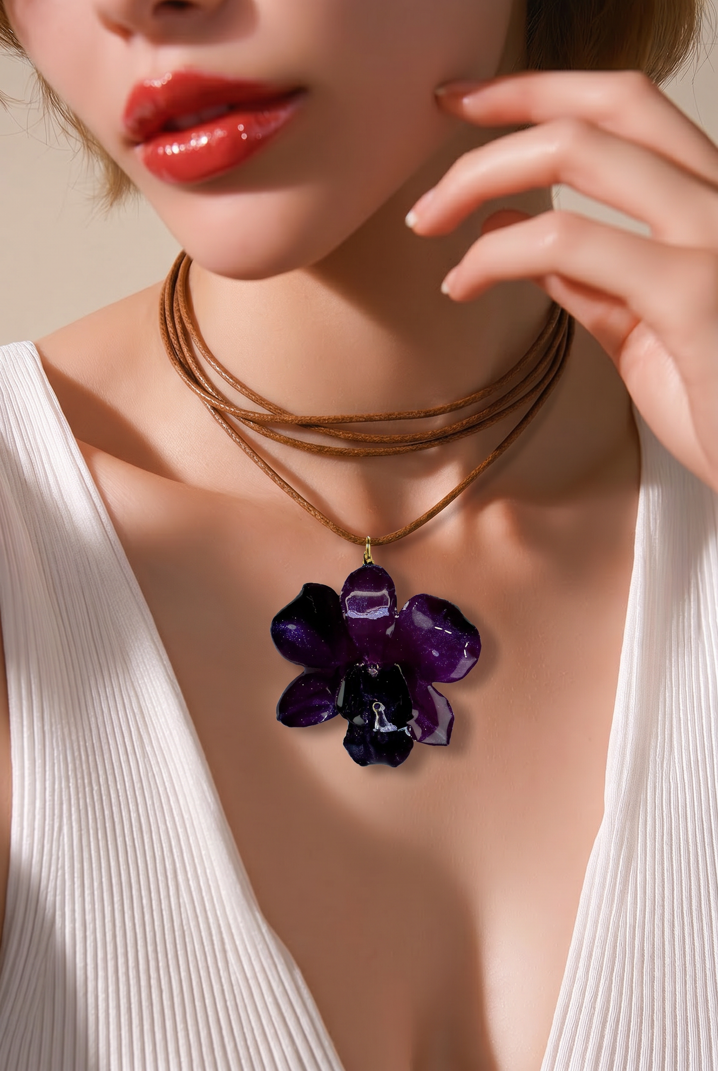 Ana Handmade Real Mini Dark Purple Orchid Necklace | Resin Flower Jewelry | Made in USA