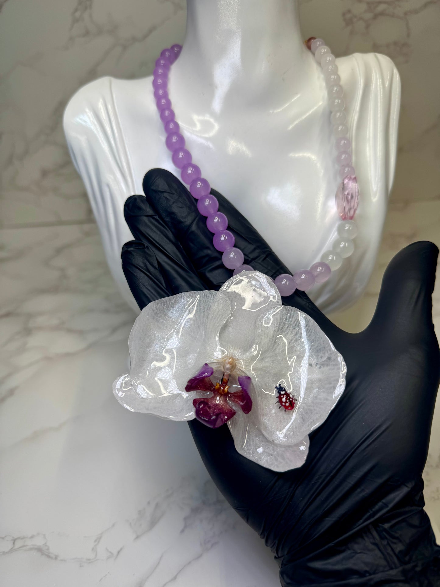 Lavander Handmade Real White Orchid Necklace | Resin Flower Jewelry with Lavender Crystal Beads