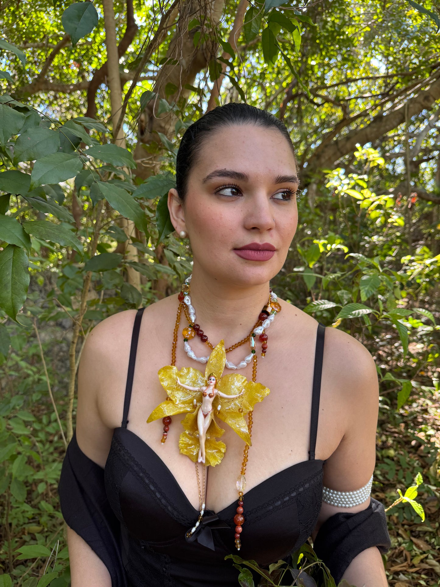 Aurelia – LIMITED EDITION – NYFW EXHIBITION PIECE Real Yellow Cattleya Orchid Necklace with Hand-Carved Female Figure, Amber Crystal and White Pearl Details