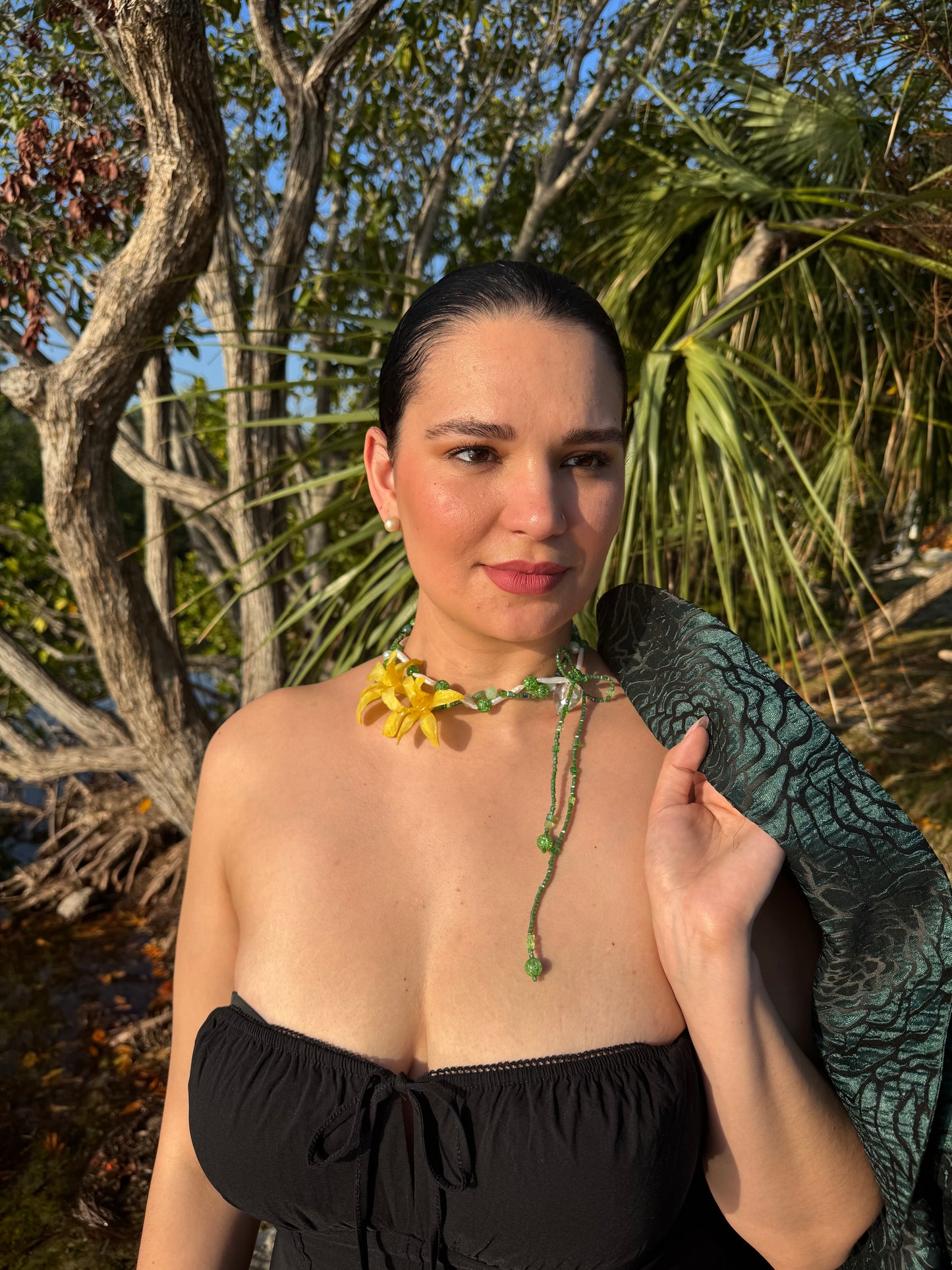 Golden Twin Orchid Grace Two Mini Orchid Orchid Necklace – Green Crystals, Long Pearls, Crystal Heart & Dragonfly on Green Mother-of-Pearl Extension