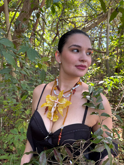 Aurelia – LIMITED EDITION – NYFW EXHIBITION PIECE Real Yellow Cattleya Orchid Necklace with Hand-Carved Female Figure, Amber Crystal and White Pearl Details