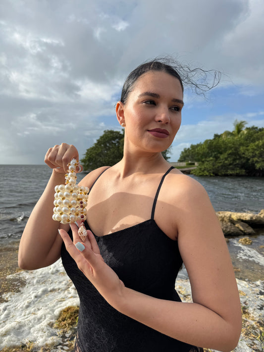 Terra-Pearl & Gold Seashell Charm Purse