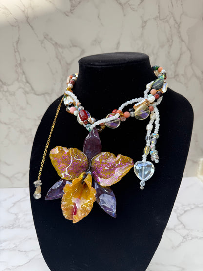 Aurora Carnival Cattleya Golden Cattleya Orchid Necklace – Purple Iridescent Petals & Multicolor Crystal & Gemstone Beads