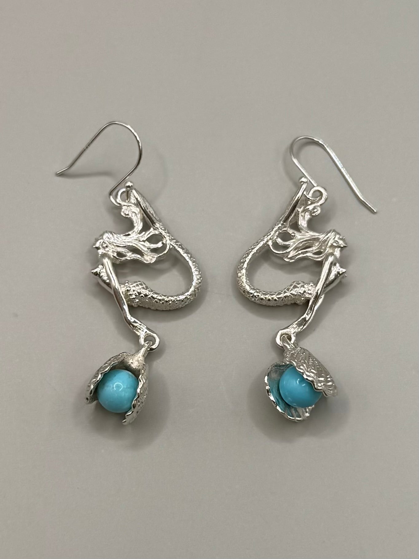 Mermaid Dangle Earrings with Pearl in the Shell for Women, Handcrafted in 925 Sterling Silver, Made in USA