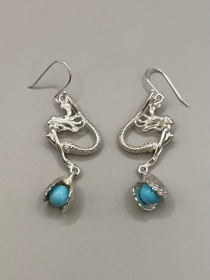 Mermaid Dangle Earrings with Pearl in the Shell for Women, Handcrafted in 925 Sterling Silver, Made in USA