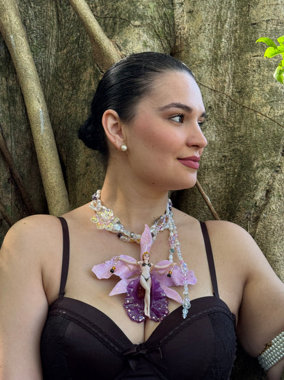 Nyx- LIMITED EDITION – NYFW EXHIBITION PIECE Real Purple and Light Pink Cattleya Orchid Necklace with Hand-Carved Female Figure, with Clear Crystals, Pink Details and Freshwater Pearls