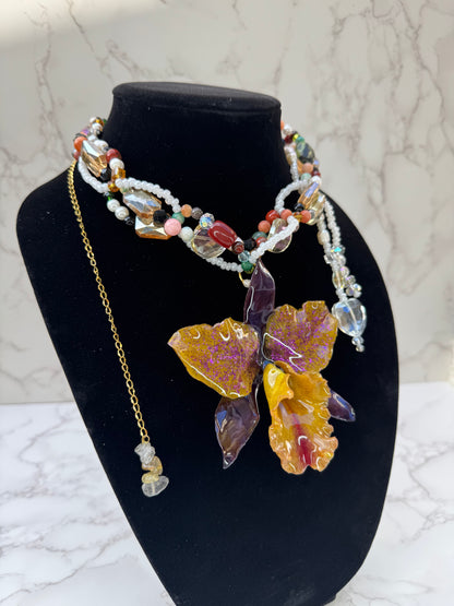 Aurora Carnival Cattleya Golden Cattleya Orchid Necklace – Purple Iridescent Petals & Multicolor Crystal & Gemstone Beads
