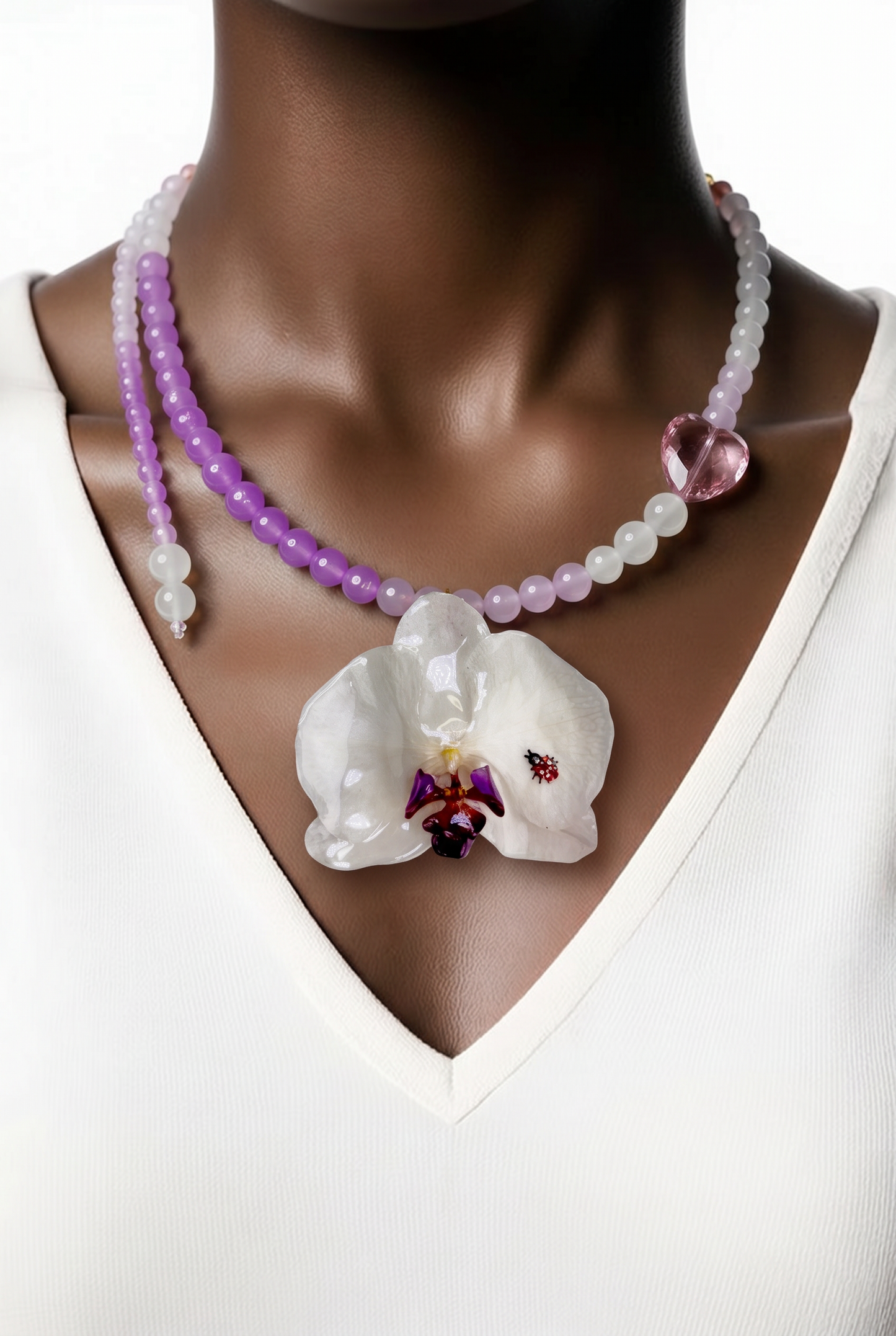 Lavander Handmade Real White Orchid Necklace | Resin Flower Jewelry with Lavender Crystal Beads