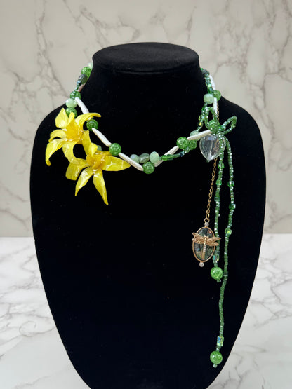 Golden Twin Orchid Grace Two Mini Orchid Orchid Necklace – Green Crystals, Long Pearls, Crystal Heart & Dragonfly on Green Mother-of-Pearl Extension