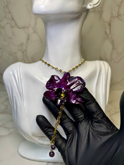 Maria  Handmade Real Mini Dark Purple Orchid Necklace | Resin Flower Jewelry | Made in USA)