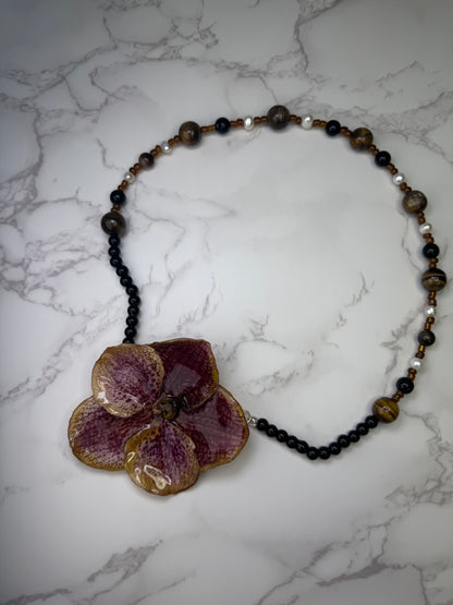 Long Brown & Yellow Orchid Necklace