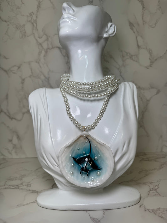 Pearl Beautiful Handmade Manta Ray Necklace Encapsulated in Real Shell with UV Resin on Pearl Strand