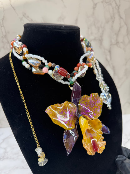 Aurora Carnival Cattleya Golden Cattleya Orchid Necklace – Purple Iridescent Petals & Multicolor Crystal & Gemstone Beads