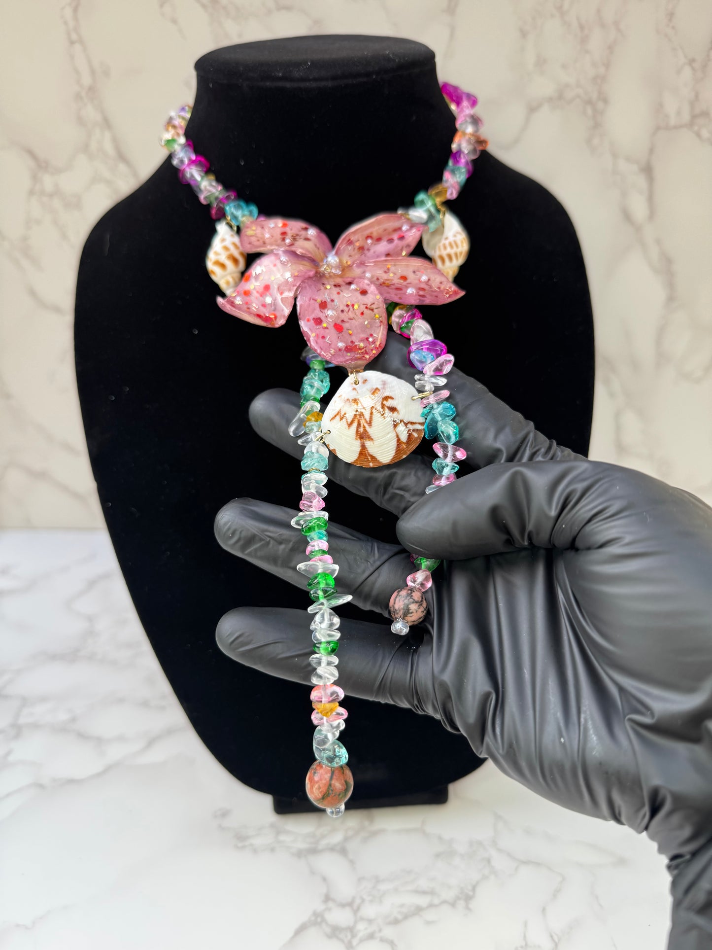 Coral Spark Plumeria Flower Necklace with Seashell Charms – Mini Crystal Beaded Jewelry