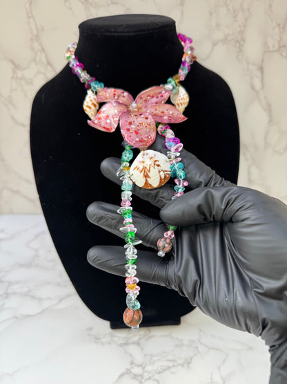 Coral Spark Plumeria Flower Necklace with Seashell Charms – Mini Crystal Beaded Jewelry