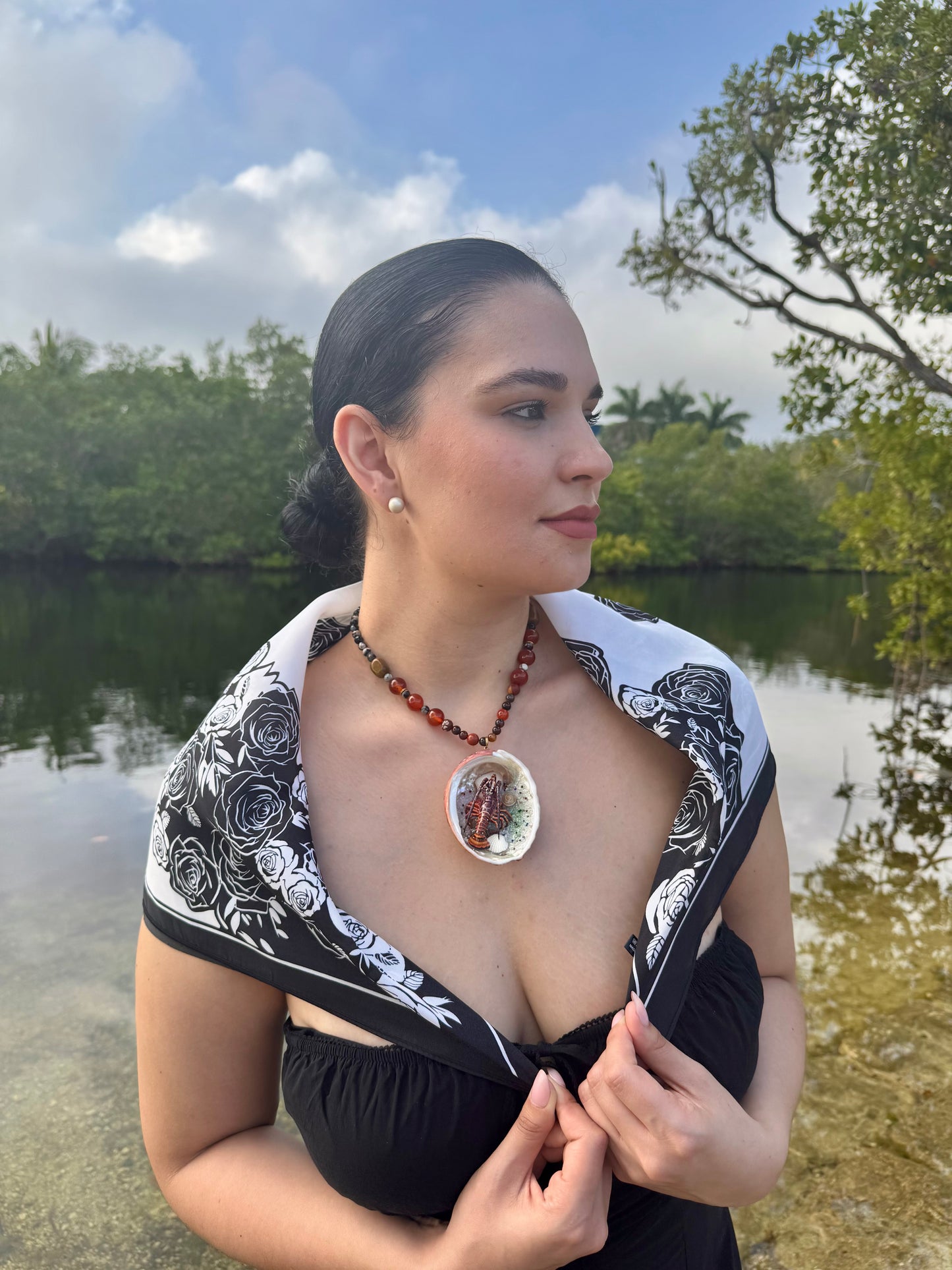 LIMITED EDITION Scarlet Shore Vibrant red abalone seashell featuring a metal handmade craft realistic lobster, tiny natural shells, and a red crystal pendant encapsulated in clear UV resin