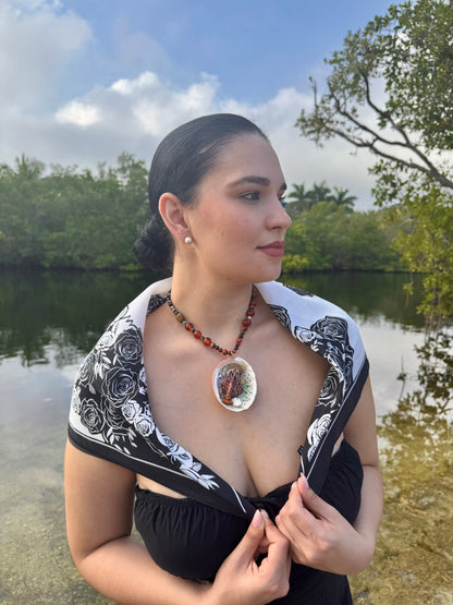 LIMITED EDITION Scarlet Shore Vibrant red abalone seashell featuring a metal handmade craft realistic lobster, tiny natural shells, and a red crystal pendant encapsulated in clear UV resin