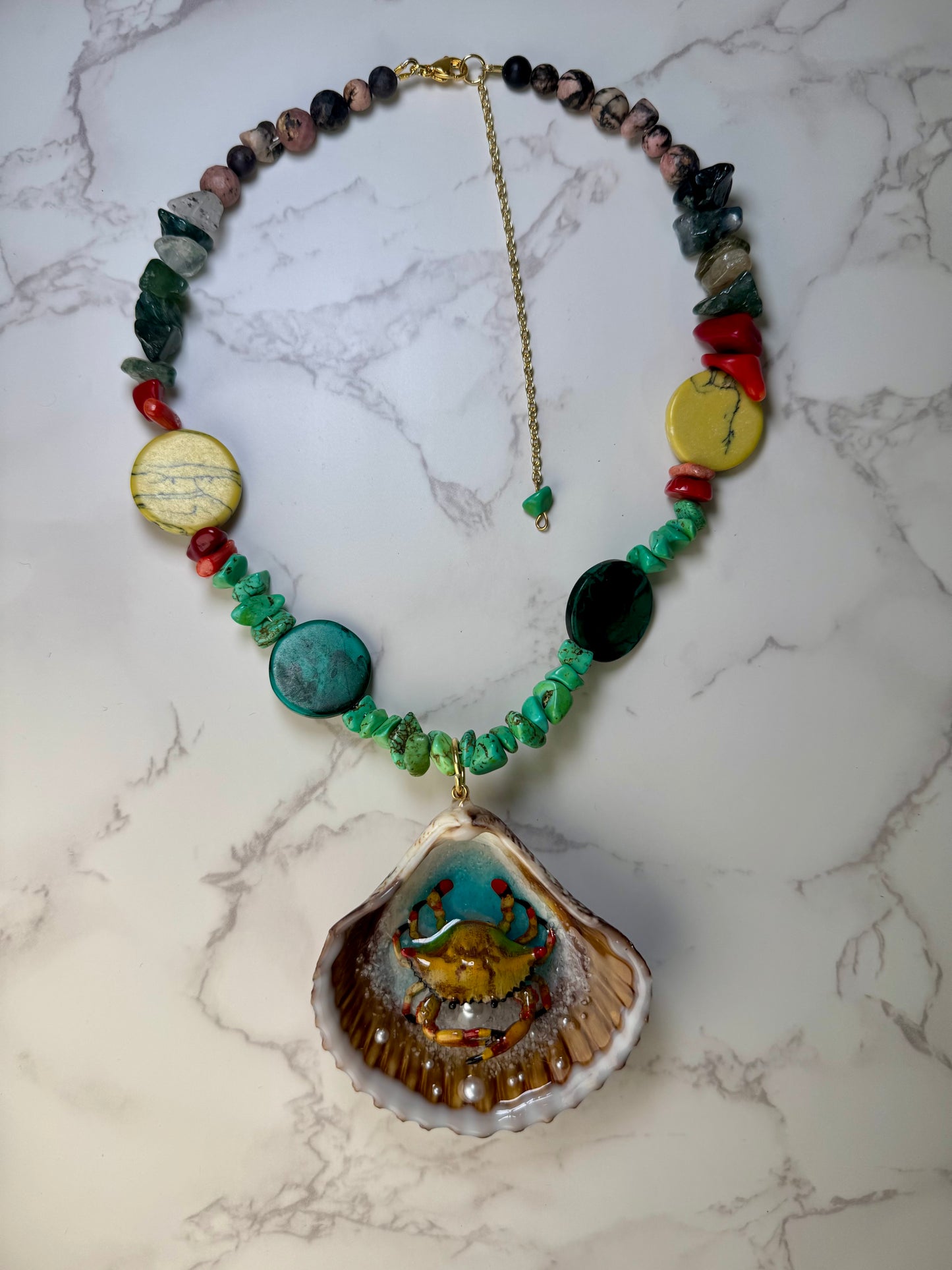 Yellow Crab Handmade Yellow and Orange Crab Necklace Encapsulated in Real Shell with UV Resin on Natural Stone Beads