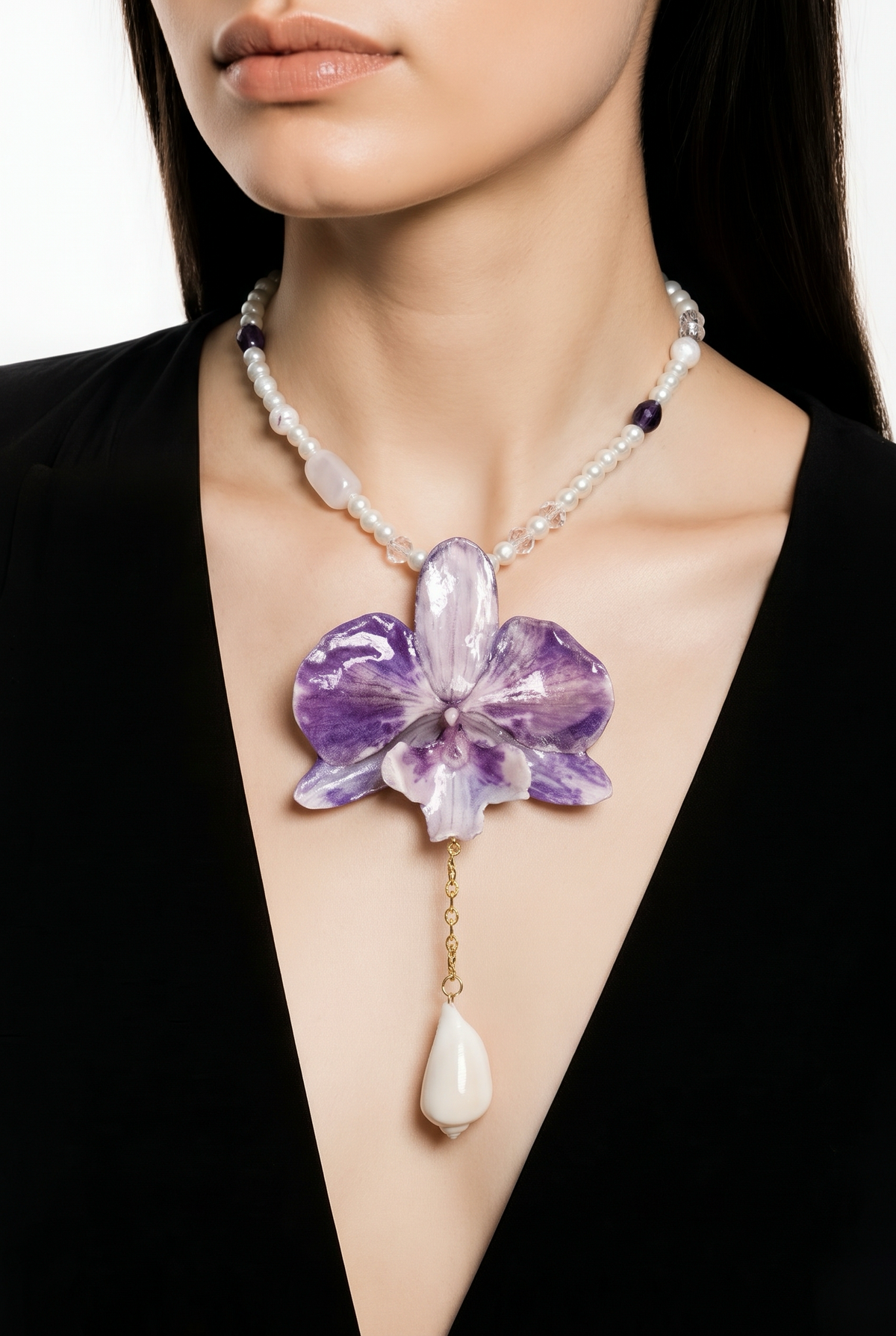 Mila  Purple & White Real Orchid Necklace | Handmade Flower Jewelry | Botanical Statement Pendant