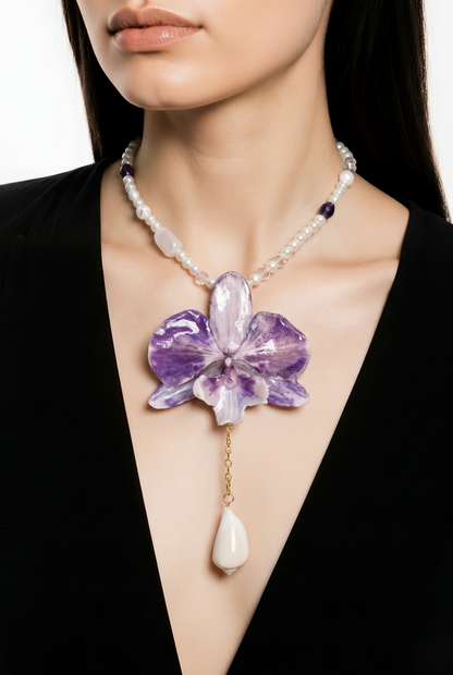 Mila  Purple & White Real Orchid Necklace | Handmade Flower Jewelry | Botanical Statement Pendant