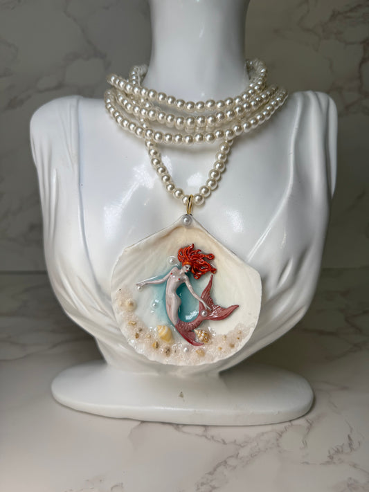 Autumn Blush Tail Mermaid Sea Shell Necklace – Mermaid in Shell with UV Resin