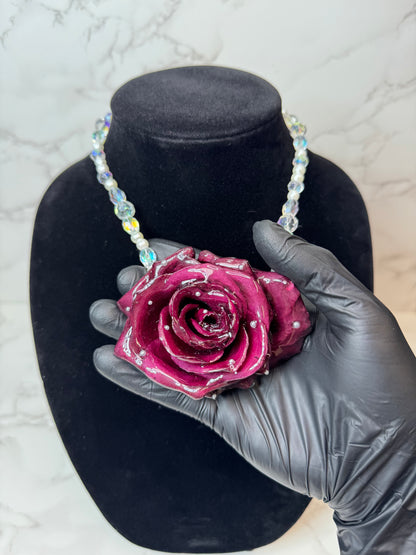 Scarlet Rose Handmade Real Red Rose Necklace | Preserved Flower Jewelry with Crystal Beads | Made in USA