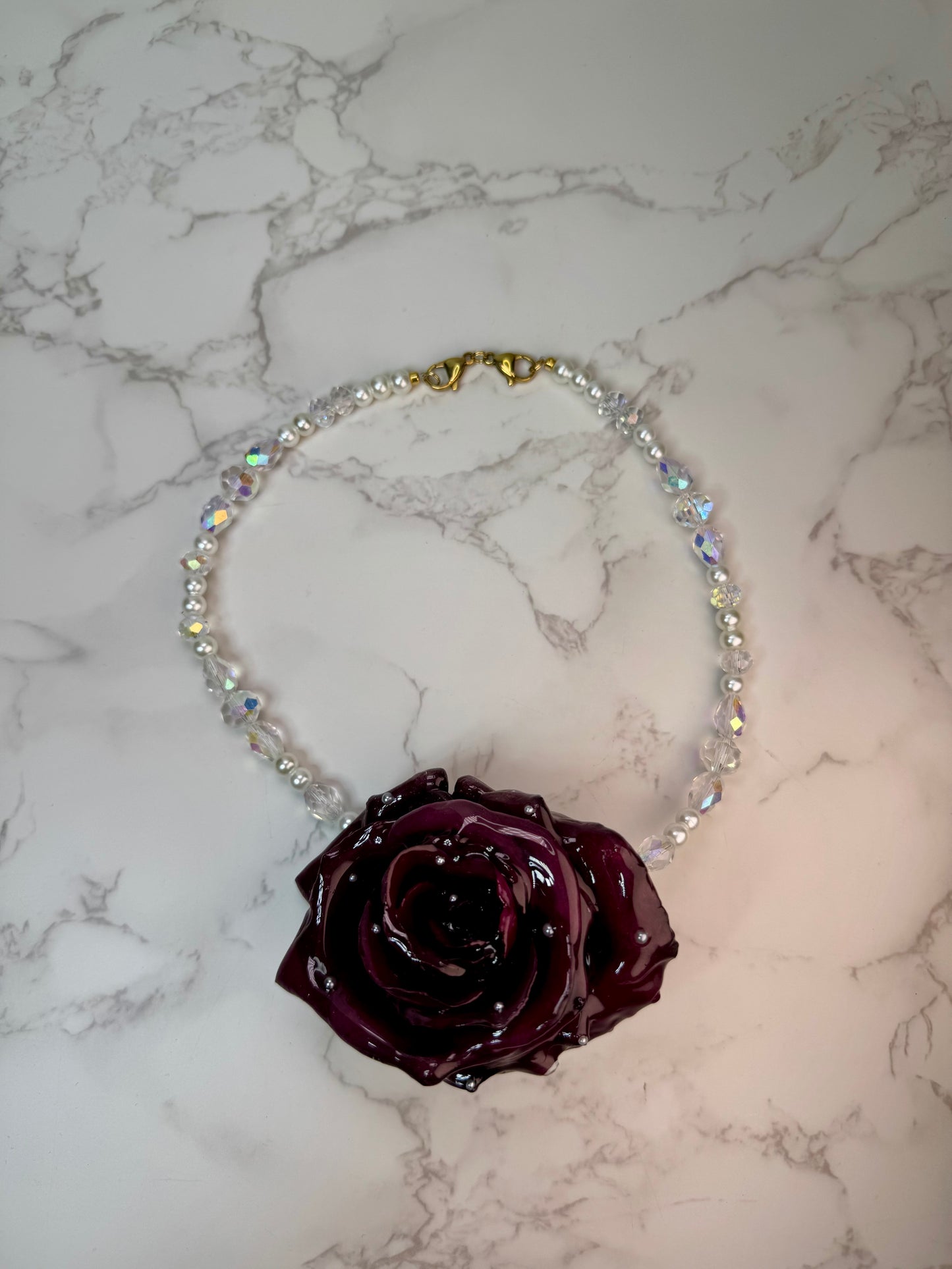 Scarlet Rose Handmade Real Red Rose Necklace | Preserved Flower Jewelry with Crystal Beads | Made in USA