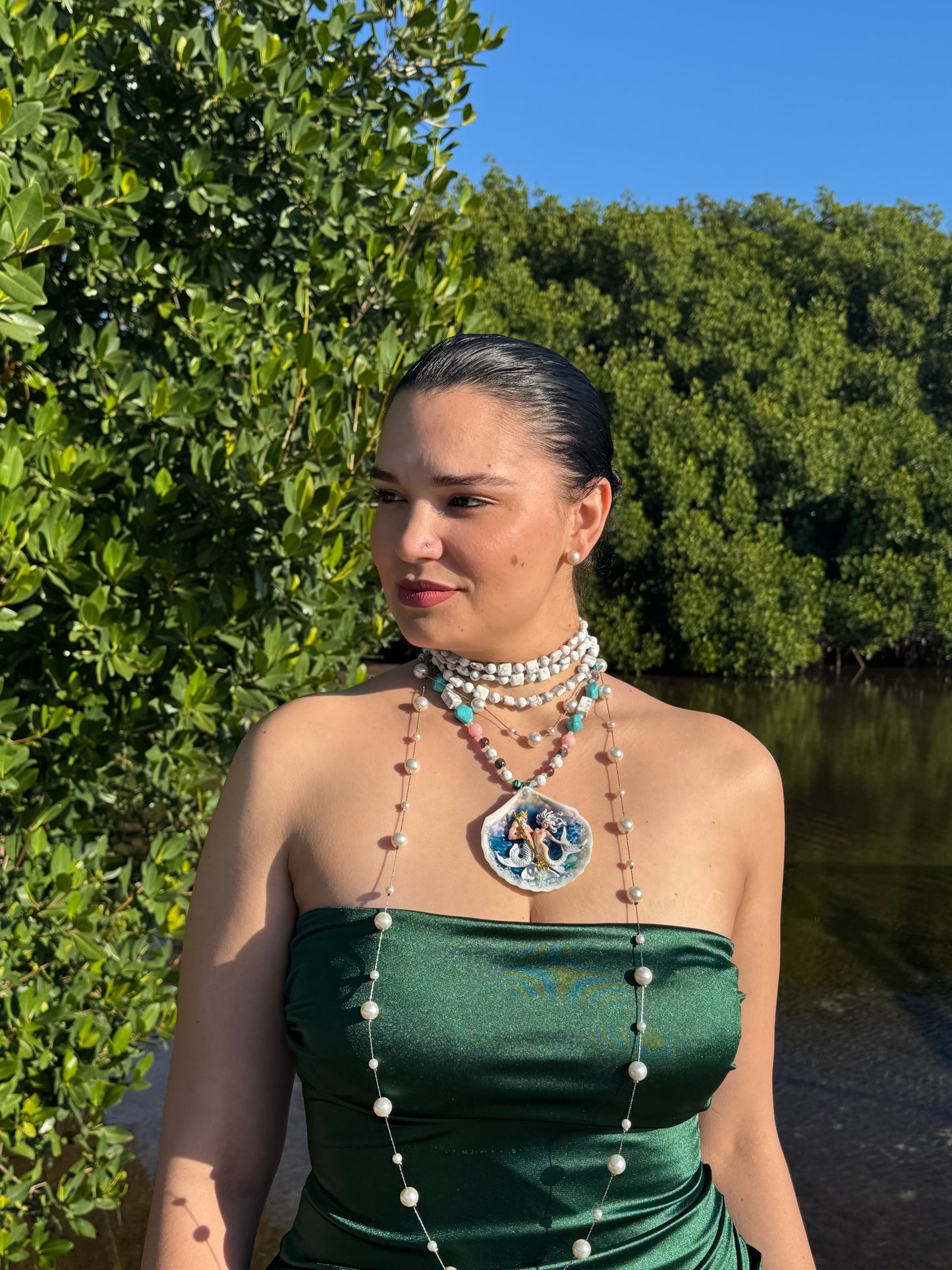 Maris & Thalios LIMITED EDITION – NYFW EXHIBITION PIECE Handmade Seashell Necklace with White-Haired Mermaid and Triton, Blue Crystal Accents and White & Blue Crystal Pearl Necklace