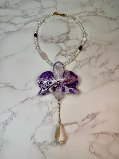 Mila  Purple & White Real Orchid Necklace | Handmade Flower Jewelry | Botanical Statement Pendant