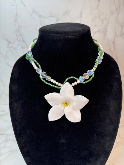 Sweet White Clear Plumeria Flowers Crystal Necklace | Handmade Floral Jewelry