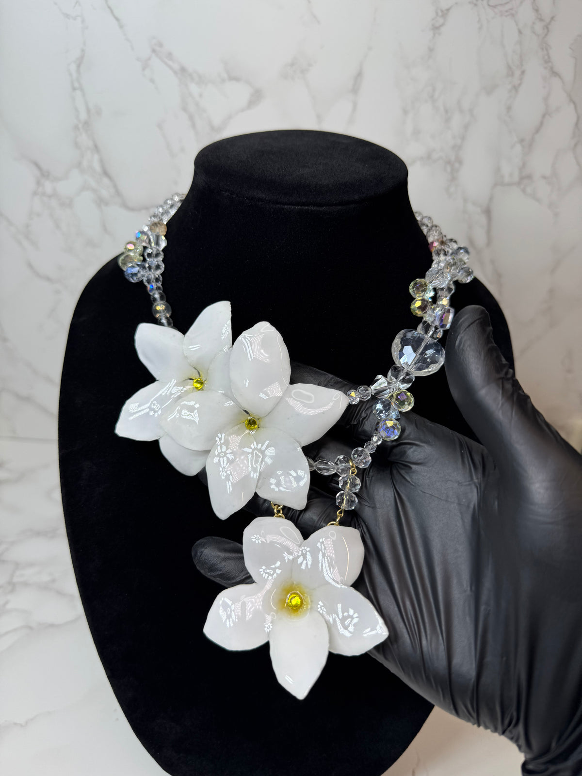 Snow Dream White Clear Flower Crystal Necklace | Handmade Floral Jewelry