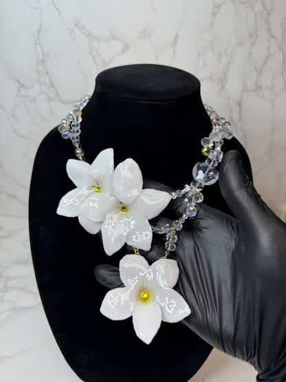 Snow Dream White Clear Flower Crystal Necklace | Handmade Floral Jewelry