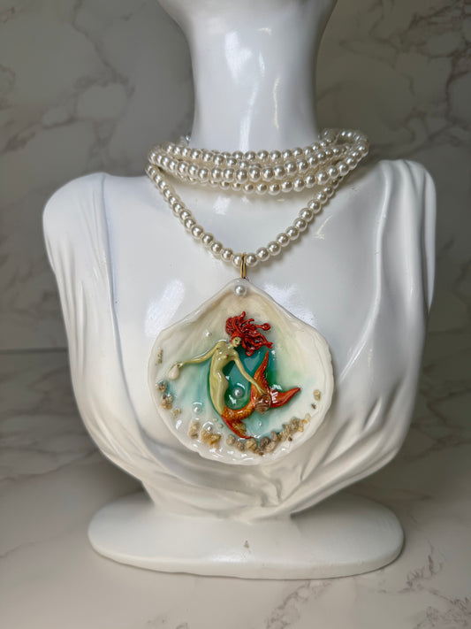 Summer Orange Mermaid Sea Shell Necklace – Mermaid in Shell with UV Resin